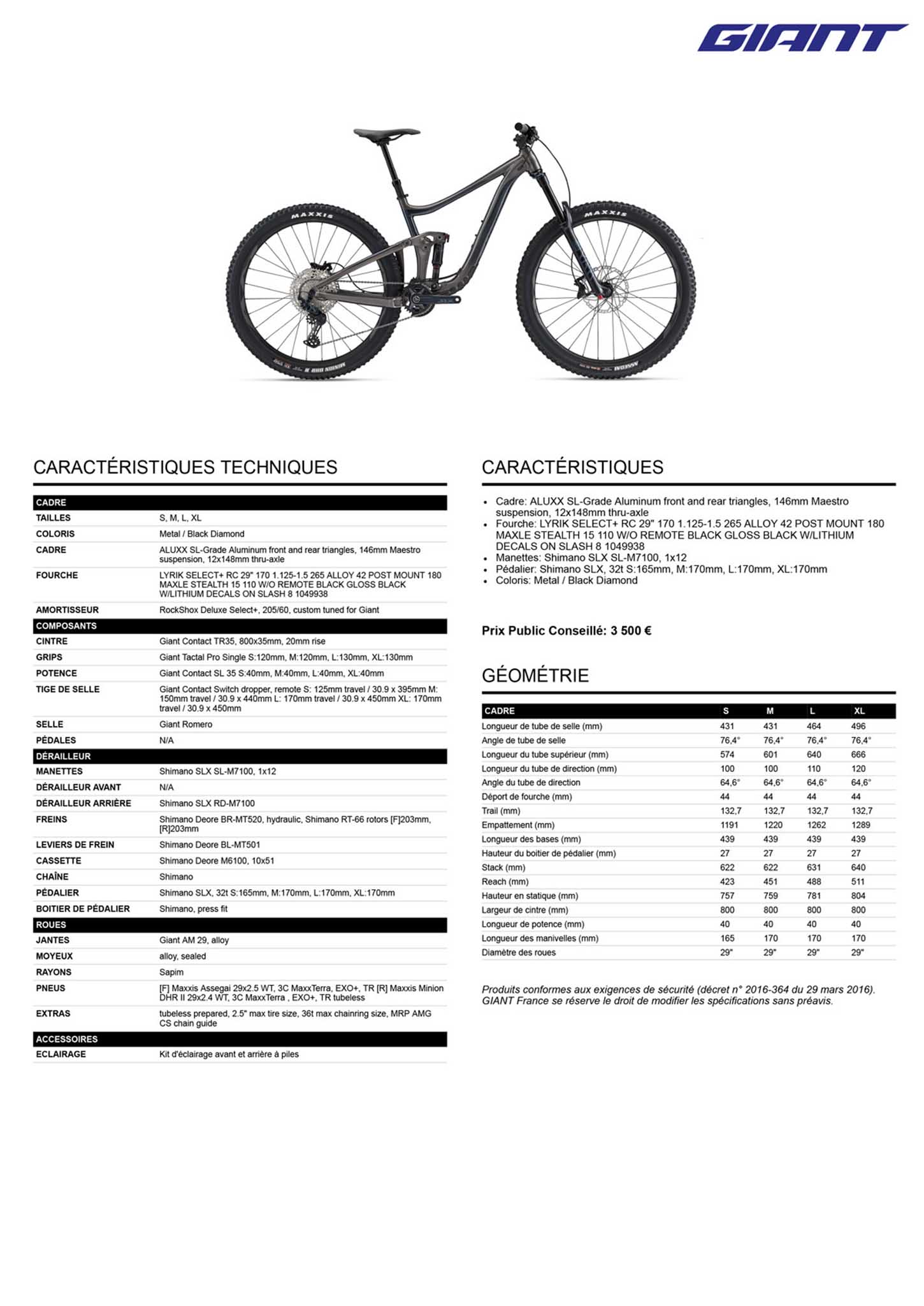 Fiche technique du velo Reign 29 année 2022